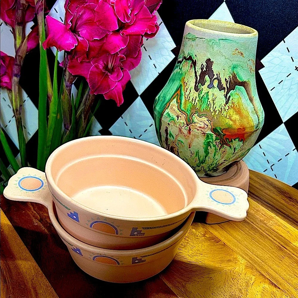 Vintage Southwestern Soup Bowls Pair Turquoise and Peach Desert‎ Decor